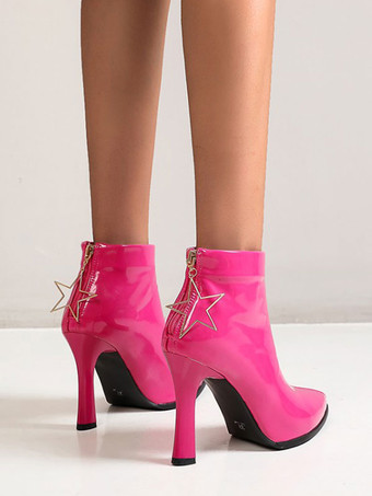 レディース ブーツ オレンジ ブラック レザー ポインテッド トゥ チャンキー ヒール アンクル ブーツ