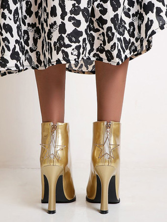 レディース ブーツ オレンジ ブラック レザー ポインテッド トゥ チャンキー ヒール アンクル ブーツ