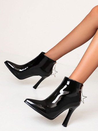 レディース ブーツ オレンジ ブラック レザー ポインテッド トゥ チャンキー ヒール アンクル ブーツ