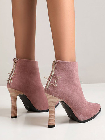 女性のためのアンクルブーツピンクマイクロスエードアッパーポインテッドトゥチャンキーヒールブーティ