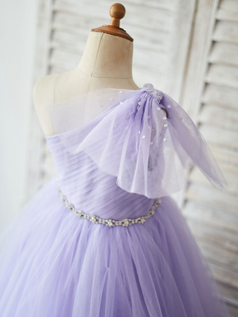 Robe de fille de fleur lavande en tulle une épaule jupe plissé robe cortège enfant robe cérémonie fille
