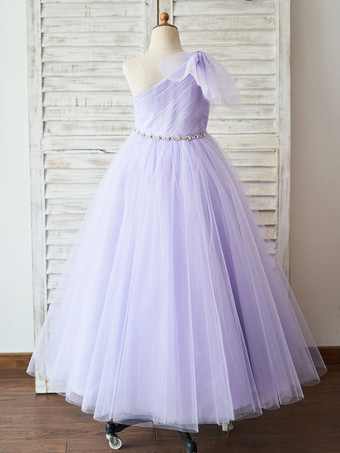 Robe de fille de fleur lavande en tulle une épaule jupe plissé robe cortège enfant robe cérémonie fille