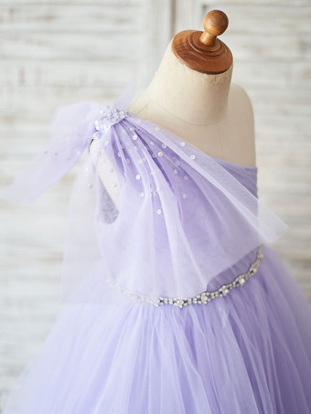 Robe de fille de fleur lavande en tulle une épaule jupe plissé robe cortège enfant robe cérémonie fille