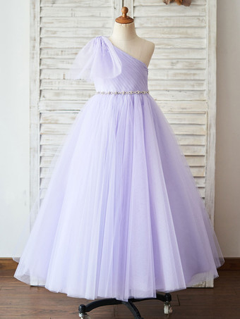 Lavande Robe de fille de fleur lavande en tulle une épaule jupe plissé robe cortège enfant robe cérémonie fille