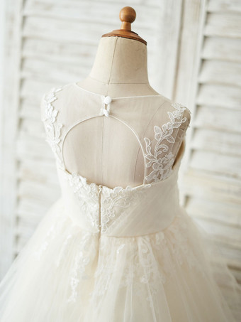 Robes cortège enfant Paillette cou Tulle manches mi-longues Princesse Silhouette Boutons Kids Party Robes