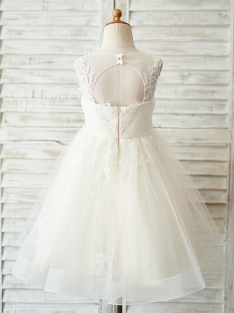 Robes cortège enfant Paillette cou Tulle manches mi-longues Princesse Silhouette Boutons Kids Party Robes