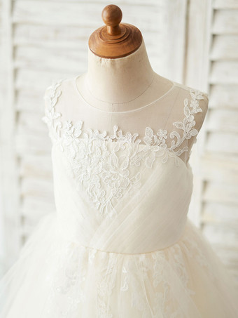 Robes cortège enfant Paillette cou Tulle manches mi-longues Princesse Silhouette Boutons Kids Party Robes