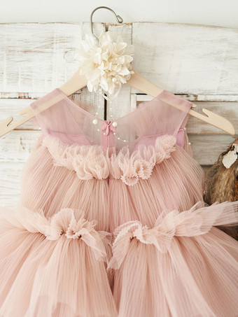 Blumenmädchenkleider Rosa V-Ausschnitt Sleeveless wulstiger Kinder Partykleider