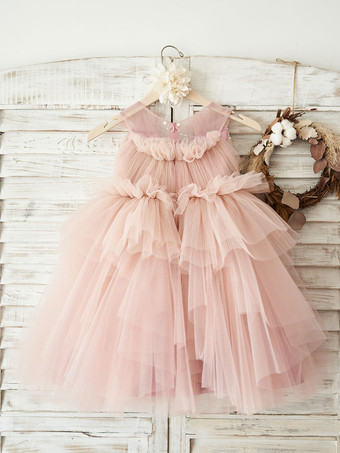 Blumenmädchenkleider Rosa V-Ausschnitt Sleeveless wulstiger Kinder Partykleider