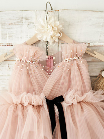 Blumenmädchenkleider Rosa V-Ausschnitt Sleeveless wulstiger Kinder Partykleider