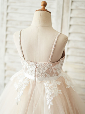 Robes cortège enfant col en V manches Sash Formal enfants dentelle Pageant Robes