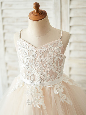 Robes cortège enfant col en V manches Sash Formal enfants dentelle Pageant Robes