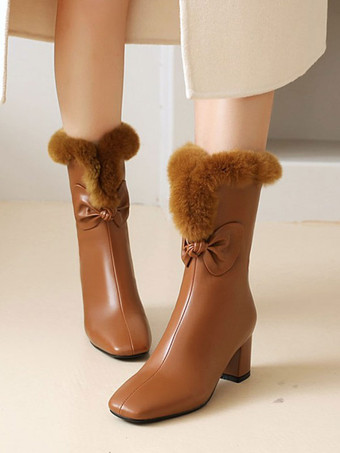 ブラウン 女性アンクルブーツPUレザーホワイトボウスクエアトゥチャンキーヒール