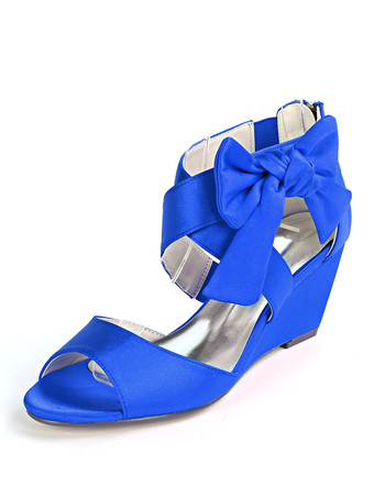 ロイヤルブルー女性の結婚式の靴シャンパンサテンの弓オープントゥウェッジヒールブライダルシューズ