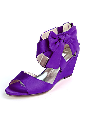 モーブ 女性の結婚式の靴シャンパンサテンの弓オープントゥウェッジヒールブライダルシューズ