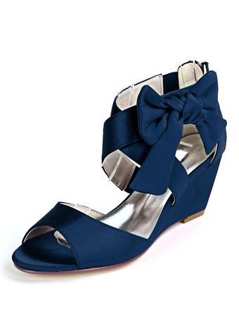 ディープブルー女性の結婚式の靴シャンパンサテンの弓オープントゥウェッジヒールブライダルシューズ