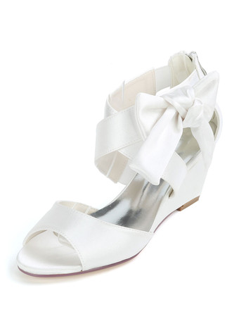 ホワイト 女性の結婚式の靴シャンパンサテンの弓オープントゥウェッジヒールブライダルシューズ