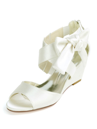 アイボリー 女性の結婚式の靴シャンパンサテンの弓オープントゥウェッジヒールブライダルシューズ