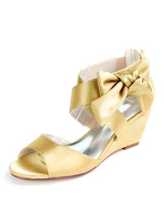 ゴールド 女性の結婚式の靴シャンパンサテンの弓オープントゥウェッジヒールブライダルシューズ
