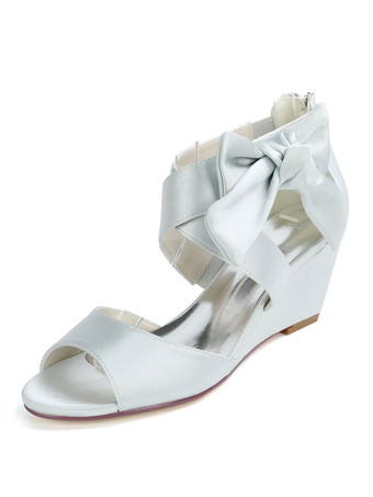 シルバー 女性の結婚式の靴シャンパンサテンの弓オープントゥウェッジヒールブライダルシューズ