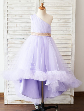 Robes cortège enfant une épaule Tulle manches asymétrique Princesse Silhouette Sash Enfants Parti social Robes