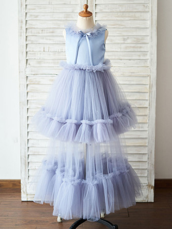 Vestidos de florzinha com gola em joia  arcos sem mangas  vestidos formais para crianças azuis 