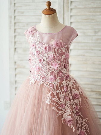 Robe de fille de fleur saumon rose en tulle col rond dos en V avec laçage décoré des fleurs longueur au sol Robe princesse d'enfant