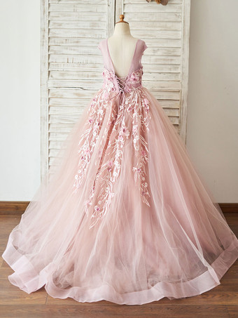 Robe de fille de fleur saumon rose en tulle col rond dos en V avec laçage décoré des fleurs longueur au sol Robe princesse d'enfant