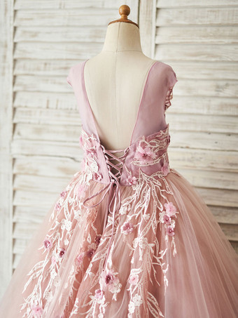 Robe de fille de fleur saumon rose en tulle col rond dos en V avec laçage décoré des fleurs longueur au sol Robe princesse d'enfant