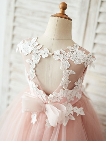 Robe fille de fleur bleu en tulle col rond transparent boutonné sur dos robe cortège enfant