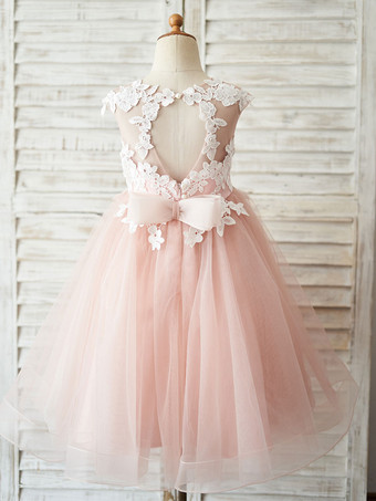 Robe fille de fleur bleu en tulle col rond transparent boutonné sur dos robe cortège enfant
