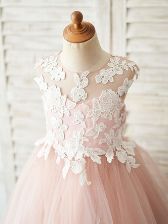 Robe fille de fleur bleu en tulle col rond transparent boutonné sur dos robe cortège enfant