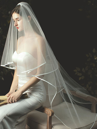 ウェディングベール2段チュールリボンエッジドロップブライダルベール