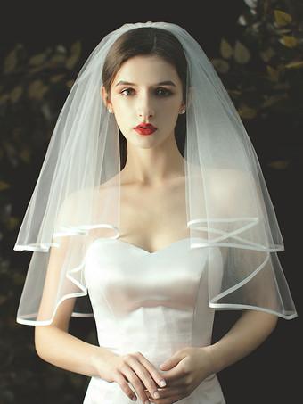 milanoo.com Cathedral Comb Wedding Veil White Tulle Oval Lace Applique Edge Bridal Veils