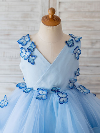 Robes cortège enfant bleu en tulle col en V robe fille de fleur