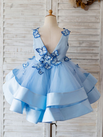 Robes cortège enfant bleu en tulle col en V robe fille de fleur