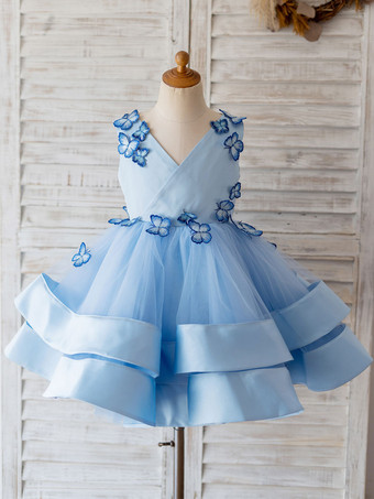 Robes cortège enfant bleu en tulle col en V robe fille de fleur