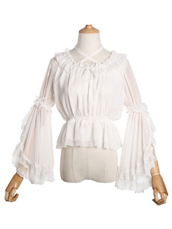 blanco Sweet Lolita Blusas Neverland Lolita Top Blanco Manga larga Poms Camisa Lolita con estampado floral