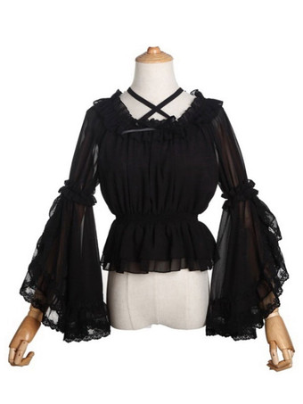 Sweet Lolita Blusas Neverland Lolita Top Blanco Manga larga Poms Camisa Lolita con estampado floral