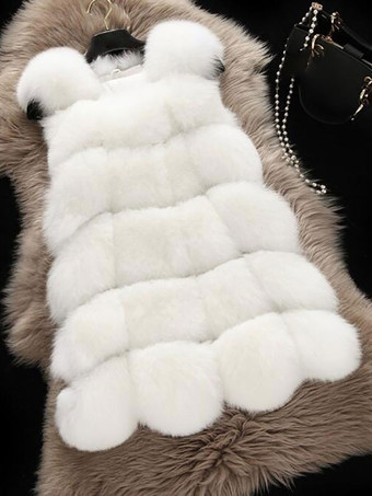 ホワイト フェイクファーベスト エコフレンドリー 冬用 ノースリーブ ミディジャケット レディース 2025