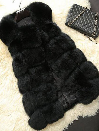 ブラック フェイクファーベスト エコフレンドリー 冬用 ノースリーブ ミディジャケット レディース 2025