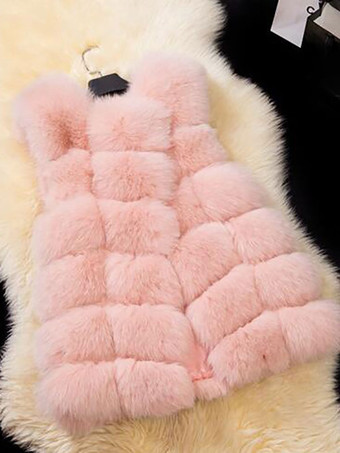 Women Coats Pink Sleeveless Faux Fur Coat Layered Winter Coat