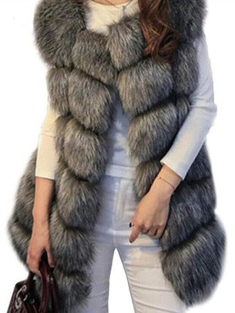 シルバー フェイクファーベスト エコフレンドリー 冬用 ノースリーブ ミディジャケット レディース 2025