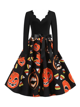 イエロー女性のレトロなドレス1950年代のピンクのクリスマスパターン長袖ロカビリードレス