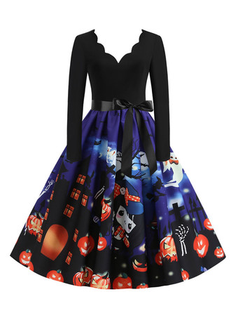 ブルー 女性のレトロなドレス1950年代のピンクのクリスマスパターン長袖ロカビリードレス