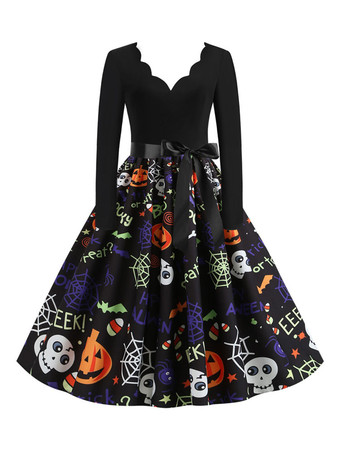 パープル 女性のレトロなドレス1950年代のピンクのクリスマスパターン長袖ロカビリードレス