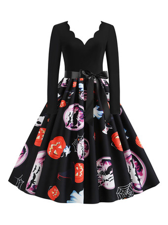 ピンク女性のレトロなドレス1950年代のピンクのクリスマスパターン長袖ロカビリードレス