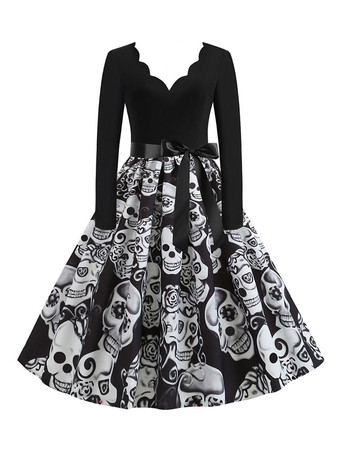 ホワイト 女性のレトロなドレス1950年代のピンクのクリスマスパターン長袖ロカビリードレス