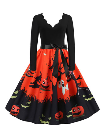 オレンジ女性のレトロなドレス1950年代のピンクのクリスマスパターン長袖ロカビリードレス