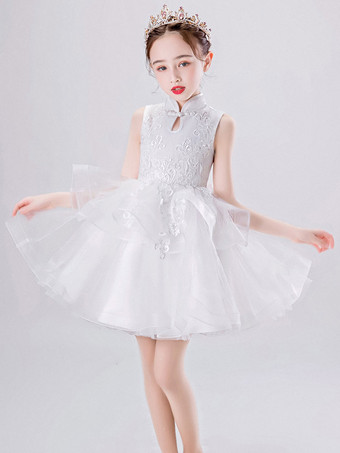 フラワーガールのドレスデザインのネックラインノースリーブ刺繡キッズソーシャルパーティードレス